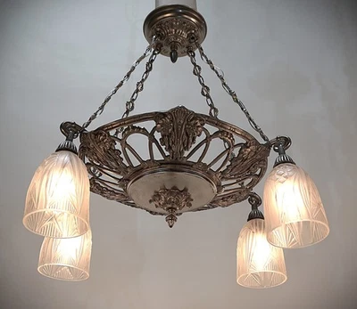 Antique French Art Deco Chandelier with Frosted Glass and Nickel on Bronze - Image 1 of 4