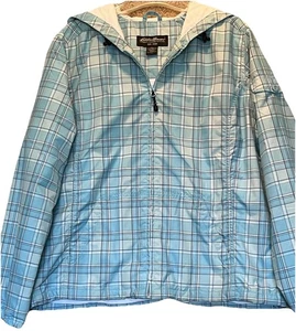 Eddie Bauer Hooded Jacket Womens Size Large Full Zip Blue Plaid Terry Lined - Picture 1 of 9