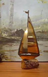 Vintage Brass Metal Sailboat Sculpture On Onyx Base Signed Jasey Paperweight - Picture 1 of 3