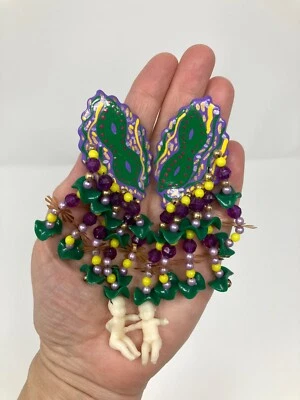 Vtg 80s Funky 5" Long Handmade Beaded Ceramic Dangle Mardi Gras Clip Earrings - Image 1 of 4