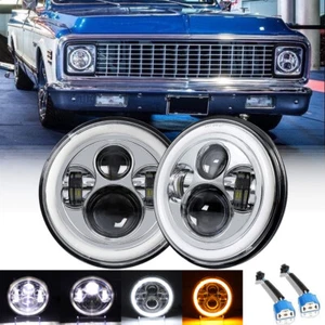 Pair 7" Round LED Headlight Hi/Lo Beam HaloDRL For Chevy C10 C20 C30 Pickup Nova - Picture 1 of 17