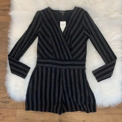 Nuevo con etiquetas Mameluco Miss Selfridge Manga Larga Cuello en V Envolvente Delantero Negro Plata Para Mujer 4 Foto 1 de 4