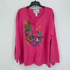 Vintage The Quacker Factory Sweater Womens 2X Plus Pink Cardigan Palm Sequins - Picture 1 of 5