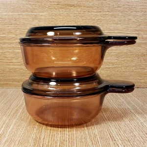 CORNING Vision Amber GRAB-IT Microwave 16 oz Bowls w/GLASS LIDS (2) V-150-B *EUC - Picture 1 of 1