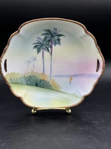 Vintage NIPPON Hand Painted Palm Trees Tropical Scene Small Trinket Dish Decor - Picture 1 of 9