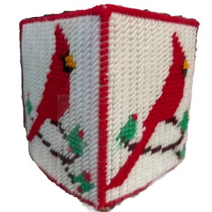Needlepoint Weihnachten Taschentuchbox Deckel Handarbeit rot Kardinal Winter Vintage 1980er - Bild 1 von 10