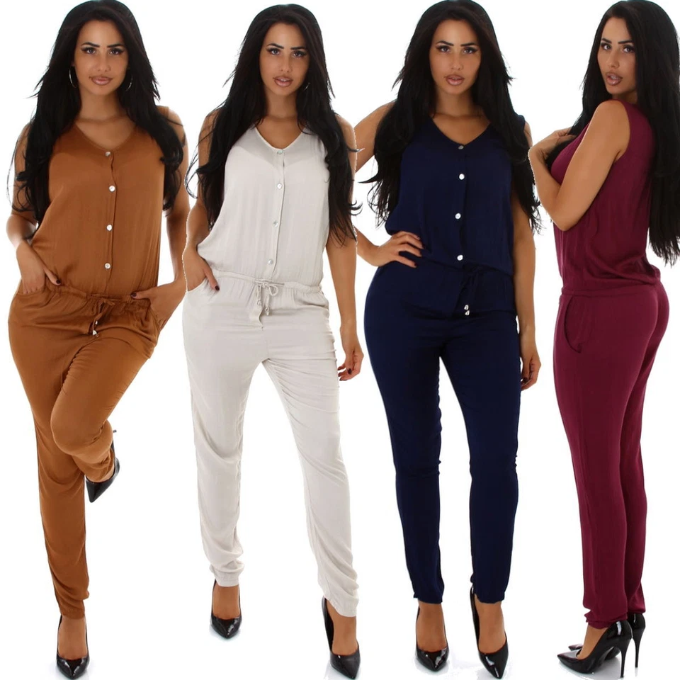 Donna Spalline Overall Scollo V Lucido Satinato Knofpleiste Estate Elegante Sexy - Immagine 1 di 4