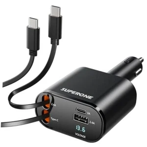 Retractable Car Charger for iPhone with Dual Dual Type C Retractable Cords - Picture 1 of 7