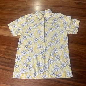 Vintage Leon Levin Floral Print Button Up Short Sleeve Top Blouse Yellow White S - Picture 1 of 6