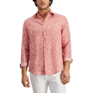 Club Room Men's Regular-Fit Geo-Print Linen Shirt, Cranberry Spice - Picture 1 of 4