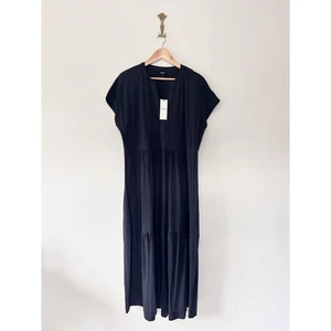 Me+Em Tiered Maxi Jersey Dress Size 16 Navy V-Neck Pockets Cotton RRP £125 - Picture 1 of 12