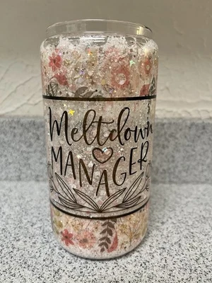 Glitter Filled Tumbler Cup “Meltdown Manager” Floral Design Shake Effect - Image 1 of 4