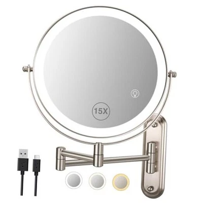 15x настенное зеркало для макияжа, 8 дюймов перезаряжаемое двустороннее 15X матовый никель - Изображение 1 из 4
