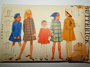 Butterick Dress Coat Mandarin Peter Pan Collar Sewing Pattern Girls 6 Cut VTG - Picture 1 of 5