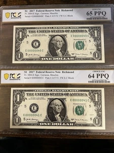 2 Consecutive 2 Digit Serial Number 2017 $1 -PPQ65 & PPQ64 -00000040 & 00000041 - Picture 1 of 8