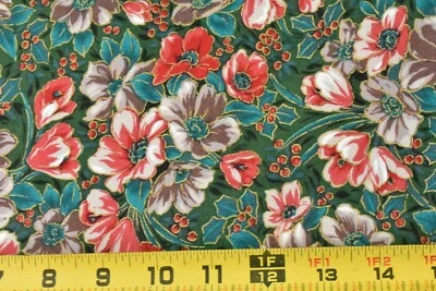 Por 1/2 yarda, vintage, rojo turquesa verde tostado dorado empaquetado floral, Fabri-colcha, V298 Foto 1 de 4