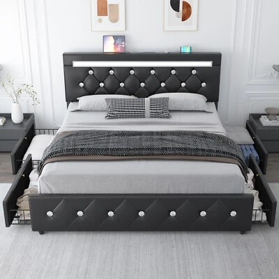 Upholstered Platform Full Queen Bed Frame with Adjustable Headboard＆ 4 Drawers - Image 1 of 4