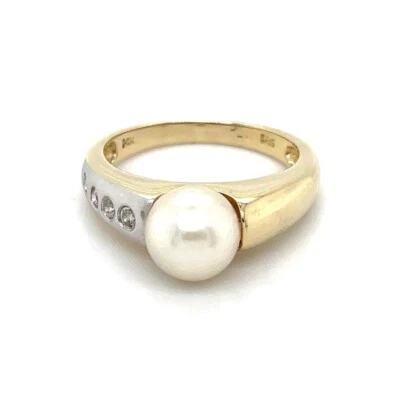 14K Yellow Gold Pearl Solitaire & Diamond Ring 3.7g Size 6 - 7.45mm Pearl & 1/10 - Image 1 of 4