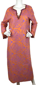 Calm NYC Cotton Kaftan Embroidered Beaded V-Neck Slit Orange Purple Lebanon M - Picture 1 of 9