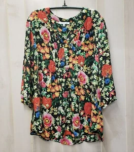 Rose Olive Chiffon Floral Print Blouse 3/4 Sleeve 1X Polyester Black Multicolor - Picture 1 of 6