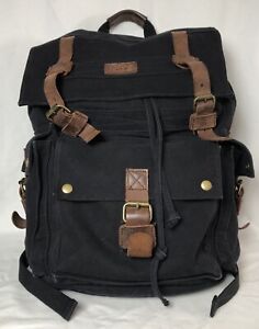 Kattee Men’s Leather Canvas Backpack Sz L Travel Rucksack Black Multiple Pockets