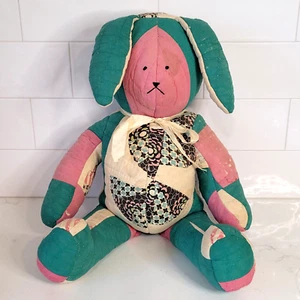 Vintage Handmade Patchwork Quilt Bunny Rabbit Plush Stuffed Holes Stains FLAWS - Picture 1 of 23