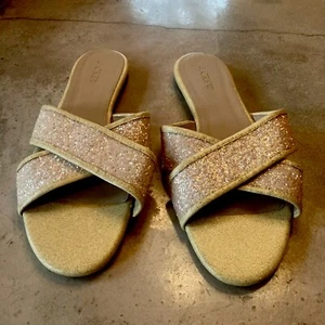 J CREW Shoes Women’s Size 9.5 GLITTER CORA Criss Cross Sandals Pink Gold Slides - Picture 1 of 10