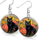 Black Cat Dangle Earrings Flower Garden Impressionism Art Print Sterling Silver