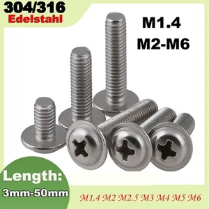 Edelstahl Kreuzschlitz Rundkopf Blechschrauben Mit Unterlegscheibe Pad M1.4-M6 - Picture 1 of 89