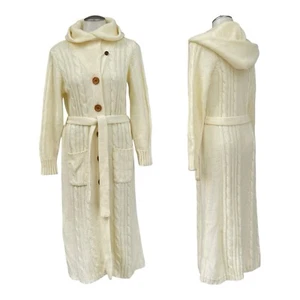Vintage 60s 70s Q Womens S Long Cable Knit Sweater Jacket Belted Duster Cardigan - Picture 1 of 22