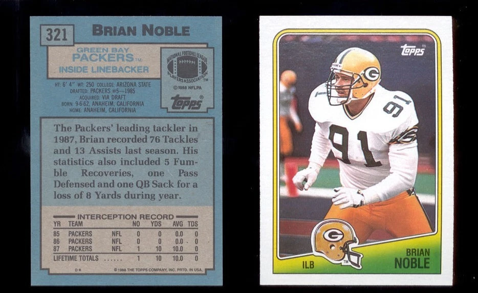 1988 Topps BRIAN NOBLE Green Bay Packers Rookie Card - Image 1 of 1