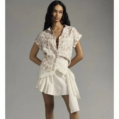 Anthropologie Panno e Pietra 100% Lino Bottoni Manica Corta Macchie Neutre Md - Immagine 1 di 4