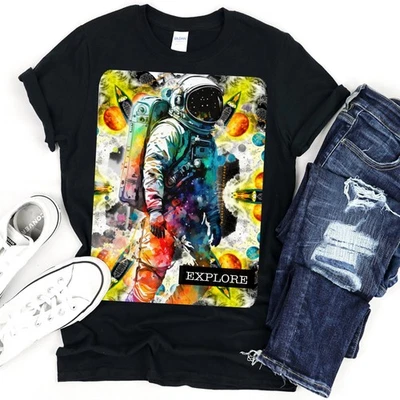 Camiseta Astronauta Explorar Espacio Estrella Luna Abstracto Colorido Cielo Suave Gráfico Camiseta Foto 1 de 4