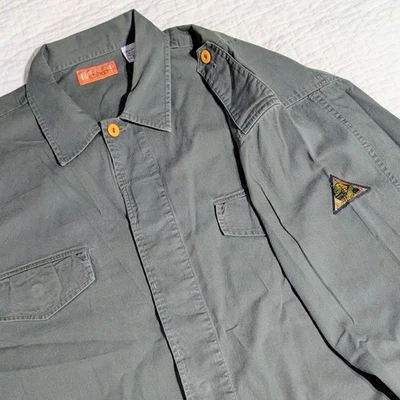 Vintage Bugle Boy Army Green Shirt Triangle Arm Patch Yellow Buttons Camo Trim  - Image 1 of 4