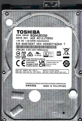 MQ04UBD200 HDKBD77AZA31 T REV: AZA AE12/JT0B0U 2TB AUG 2023 PHILIPPINES TOSHIBA - Image 1 of 3