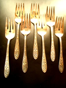 7 Vintage M E T Rose AA+ Dreifach Teller Salatgabeln - Bild 1 von 6