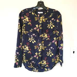 EQUIPMENT FEMME Silk Blouse Top Berry & Floral Print on Navy Blue Long Sleeve XS - Picture 1 of 11