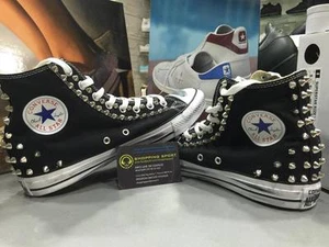 Scarpe Converse Alte High Nere Black Borchiate a punta Grigie effetto invecchiat - Picture 1 of 3