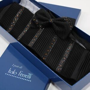 Italo Ferretti NWB Bow Tie & Cummerbund Set Black With Orange Swarovski Crystal