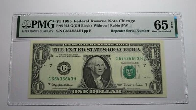 $1 1995 Repeater Serial Number Federal Reserve Currency Bank Note Bill PMG UNC65 - Image 1 of 3