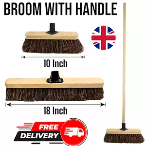 Outdoor Garden Broom Stiff Hard Bristle Floor Yard Brush Sweeper Wooden Handle - Picture 1 of 13