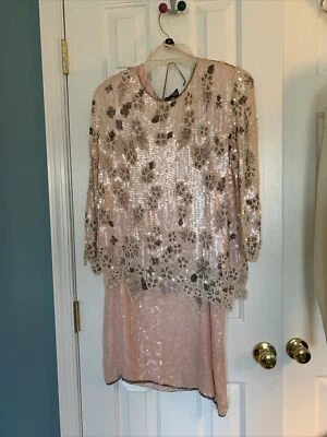 Traje Midi De Colección Pura Seda Lentejuelas Cuentas Imitación Perla Carolyn Barton Noche Talla S/M Foto 1 de 4