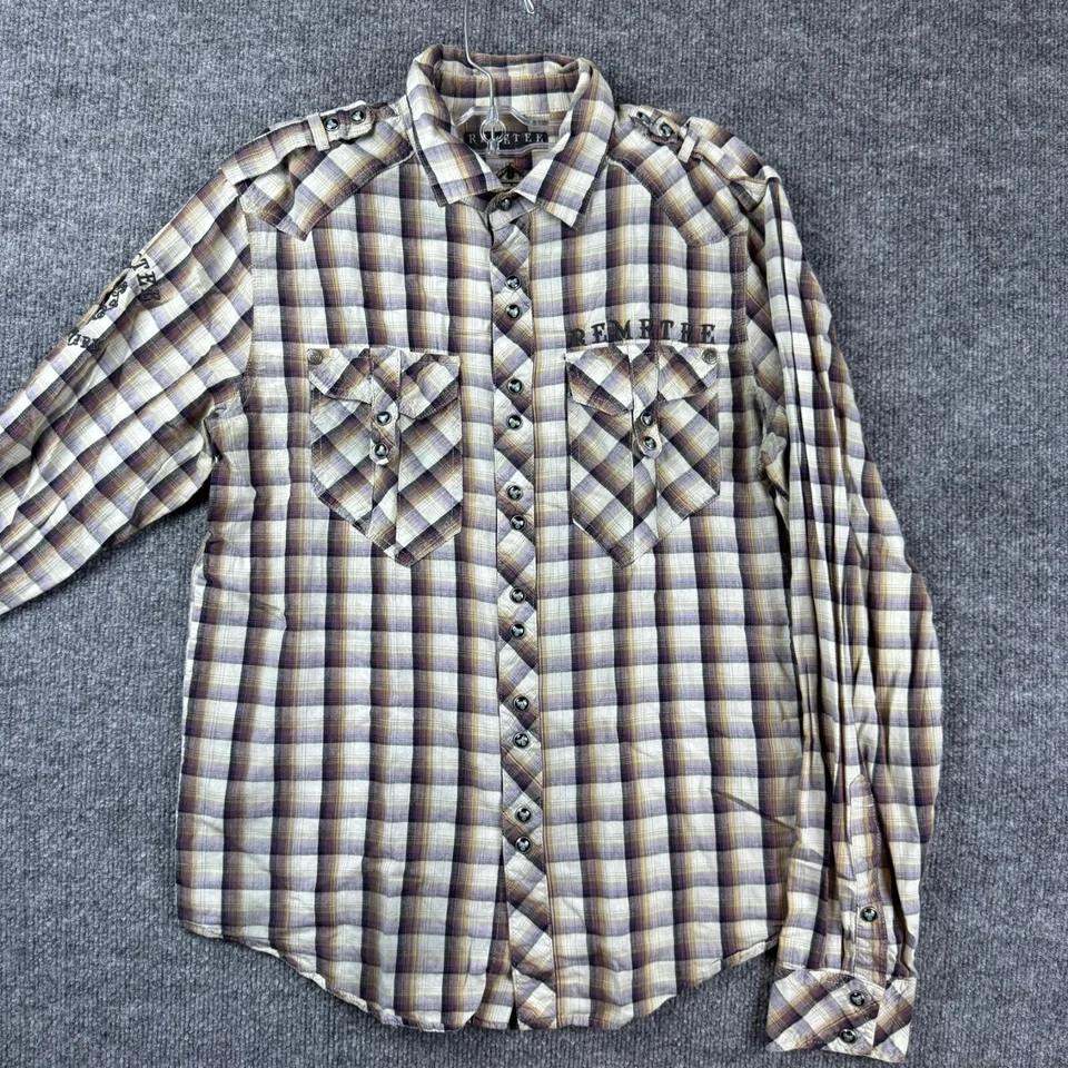 Camisa a Presión Remetee a Cuadros Perla Para Hombre Pequeña Marrón Bolsillos Cruz Manga Larga Foto 1 de 4