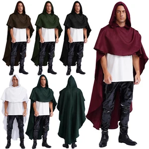 Mens Medieval Renaissance Hooded Cape Cloak Halloween Viking Wizard Costumes - Picture 1 of 74