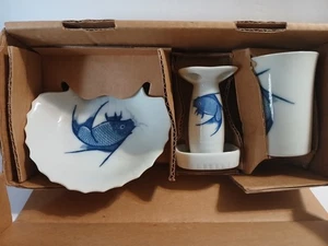 3-teiliges Porzellan Geschirr Blau Fisch Badezimmer Set Schale Seifenschale Zahnbürste & Tasse - Bild 1 von 5