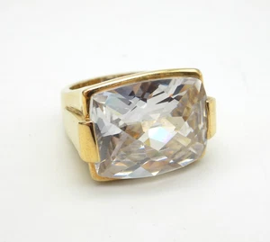 Sterling Silver Gold Vermeil Chunky Statement Ring Rectangle Clear Glass Sz 5.75 - Picture 1 of 7