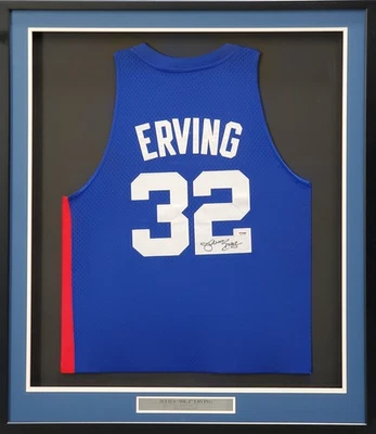Nets Julius Dr. J Erving Auto Framed Blue Adidas Hardwood Classic Jersey PSA/DNA - Image 1 of 4