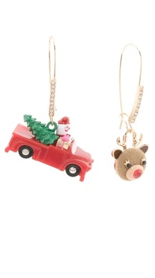 New! Betsey Johnson Santa Truck & Reindeer Mismatch Drop Earrings Crystal - Image 1 of 2