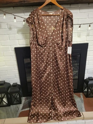 Vestido para mujer Lucky Brand marrón a lunares XXL satinado con corbata trasera talla XXL ¡¡NUEVO CON ETIQUETAS!!! Foto 1 de 4