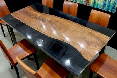 Black epoxy resin dining river table top wooden furniture for home decor - Image 1 of 4